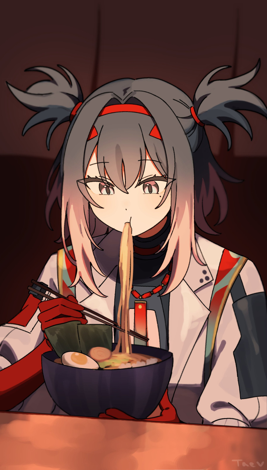 1girl, absurdres, black_hair, black_survival, chopsticks, coat, eating, eternal_return:_black_survival