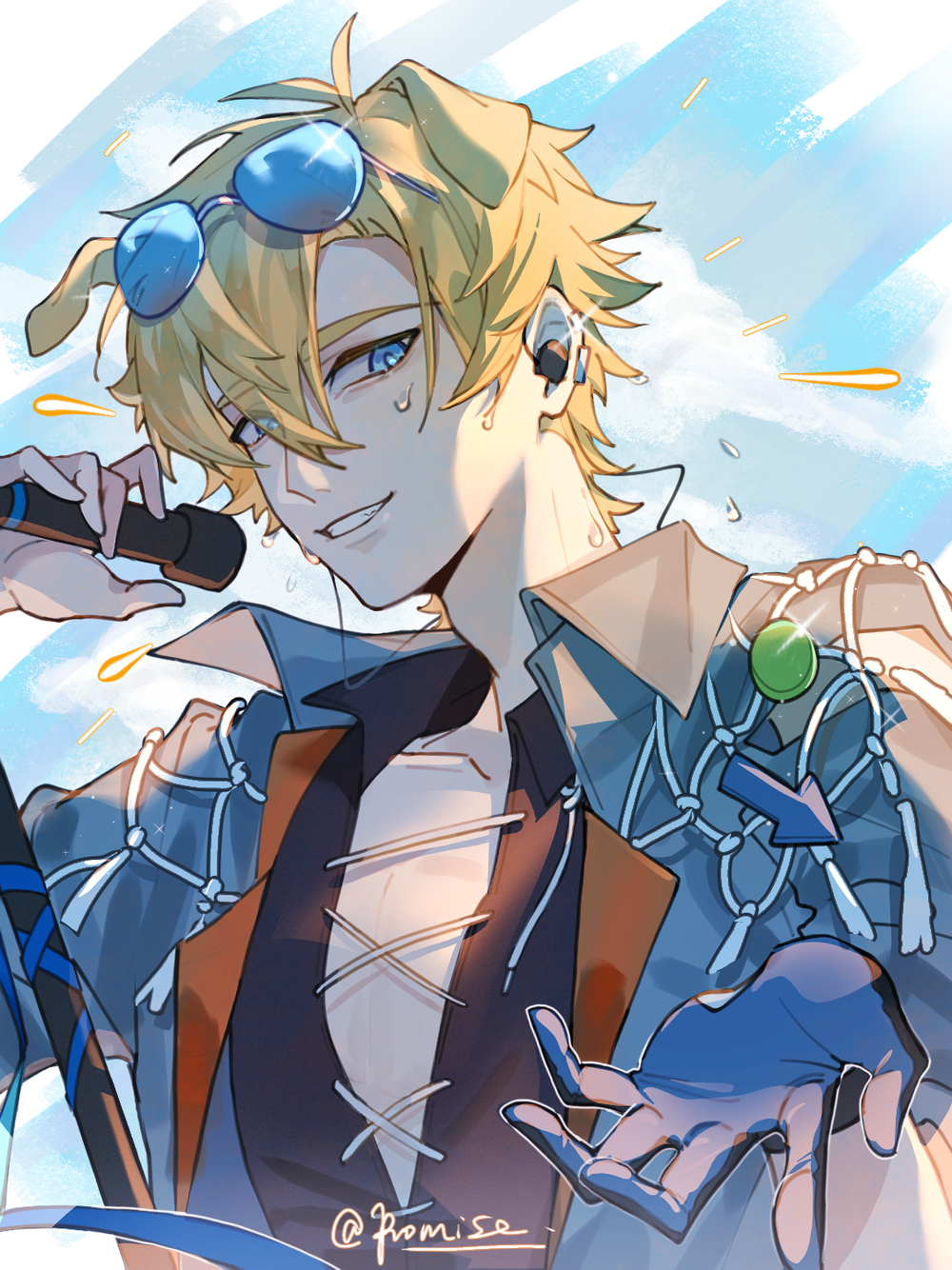 arknights, black_gloves, black_shirt, blonde_hair, blue_eyes, blue_gloves, blue_jacket, blue_sky, earpiece, eyewear_on_head, gloves, highres, holding, holding_microphone, jacket, microphone, promise66, shirt, sky, smile, sweat, sweatdrop, tequila_(arknights), tequila_(top_tier_live)_(arknights), translation_request