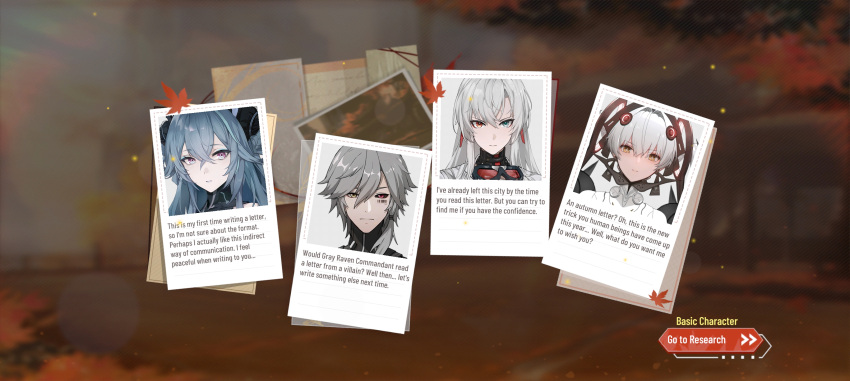 1boy, 3girls, alpha_(pgr), english_text, event, lamia:_lost_lullaby_(pgr), lamia_(pgr), leaf