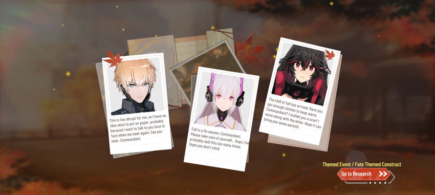 1boy, 2girls, english_text, event, leaf, lee:_hyperreal_(pgr), lee_(pgr), liv:_eclipse_(pgr)