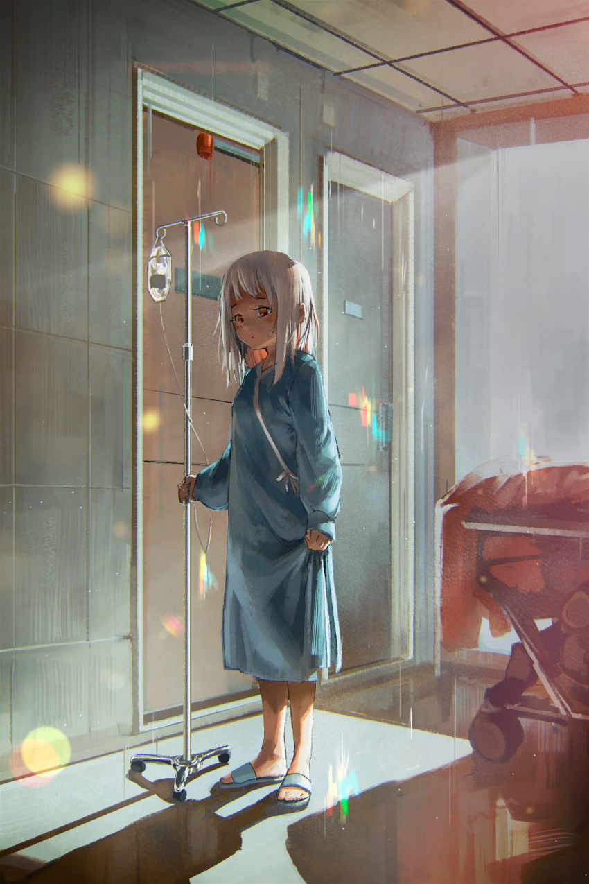 1girl, backlighting, barefoot_slippers, bed, door, expressionless, hallway, highres