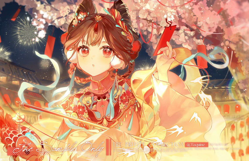 1girl, :o, aerial_fireworks, architecture, bad_source, braid, braided_hair_rings, brown_hair, chinese_clothes, cone_hair_bun, east_asian_architecture, fireworks, flower, hair_bun, hair_ornament, hair_rings, hanfu, highres, holding, lantern, lantern_fish, long_sleeves, looking_at_viewer, night, original, parted_lips, red_eyes, solo, tassel, upper_body, yongyuandou_shuibubao, yunjian