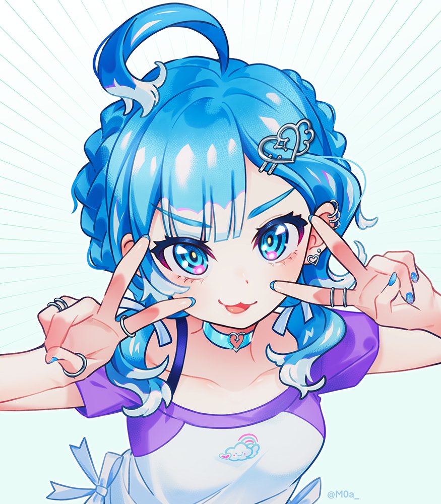 1girl, :3, ahoge, asymmetrical_bangs, blue_choker, blue_eyes, blue_hair, blue_nails