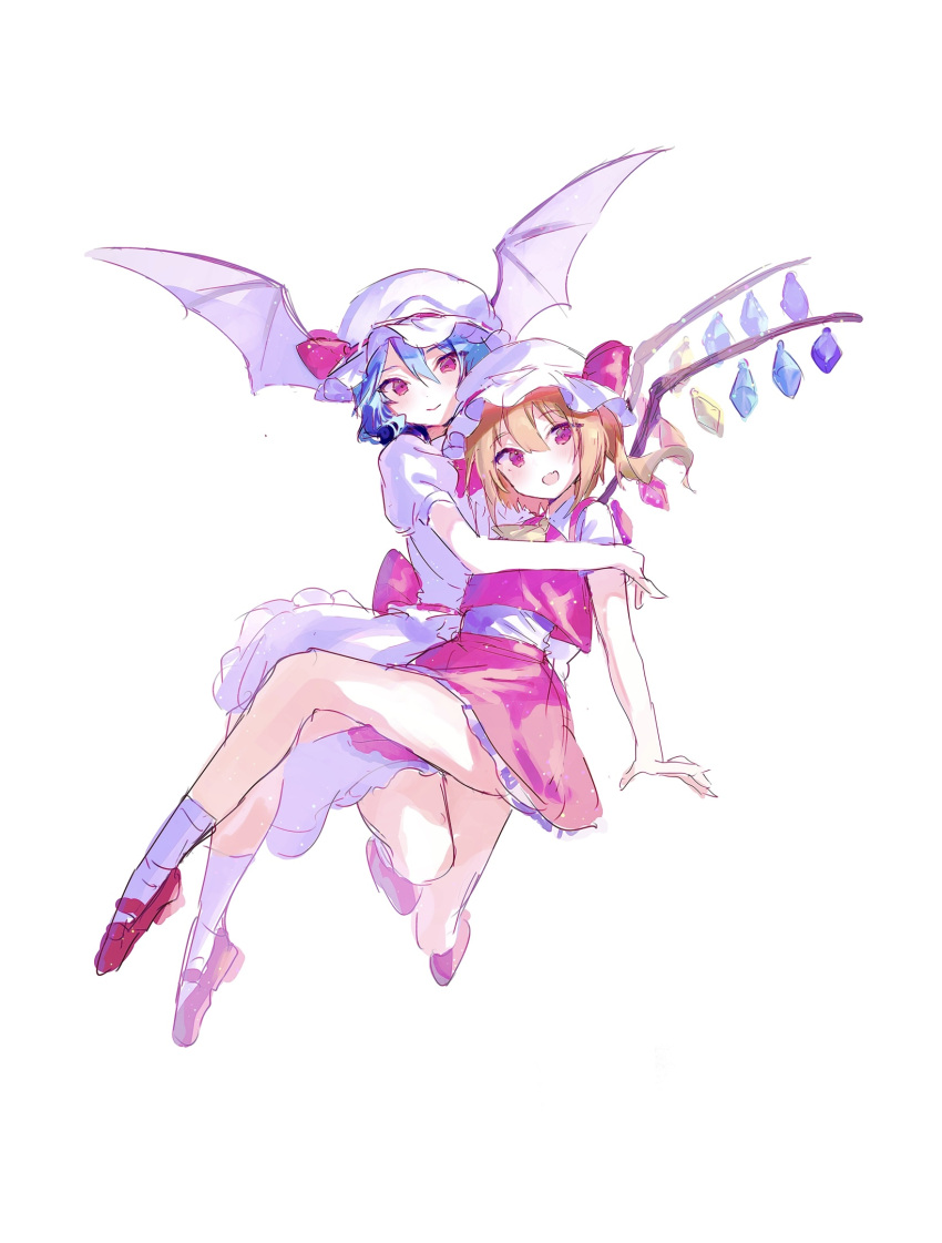 2girls, ascot, bat_wings, blonde_hair, blue_hair, bow, circle_yomado, crystal