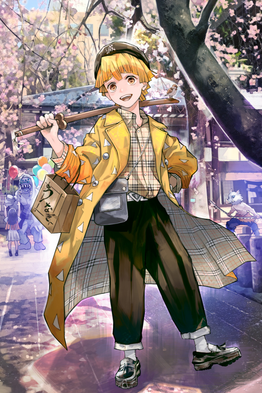 3boys, absurdres, agatsuma_zenitsu, architecture, bag, balloon, black_footwear, black_hat