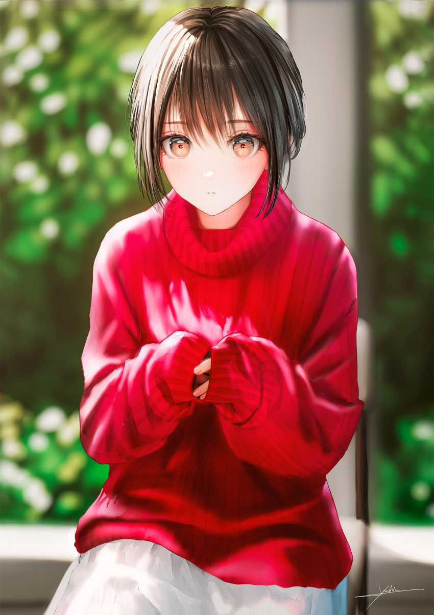 1girl, absurdres, black_hair, blurry, blurry_background, blush, brown_eyes, brown_hair