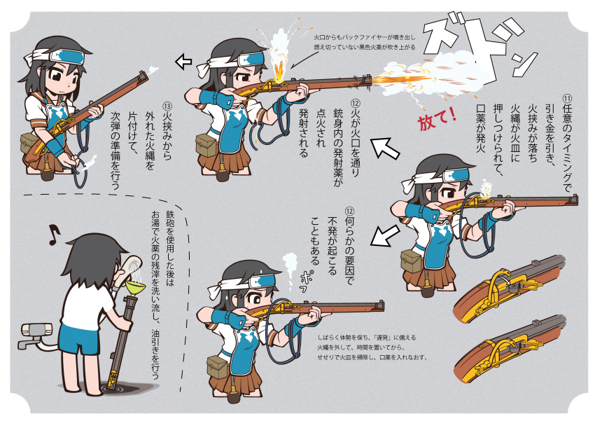 1girl, absurdres, aka-kabuto_no_gema, antique_firearm, armor, arquebus, arrow_(symbol), bag, black_eyes, black_hair, brown_sailor_collar, brown_skirt, cleaning_gun, dou, firelock, firing, forehead_protector, freckles, from_side, gun, headband, highres, holding, holding_gun, holding_weapon, how_to, japanese_armor, kote, looking_at_object, matchlock, original, powder_flask, sailor_collar, satchel, skirt, smoke, sound_effects, tanegashima_(gun), weapon