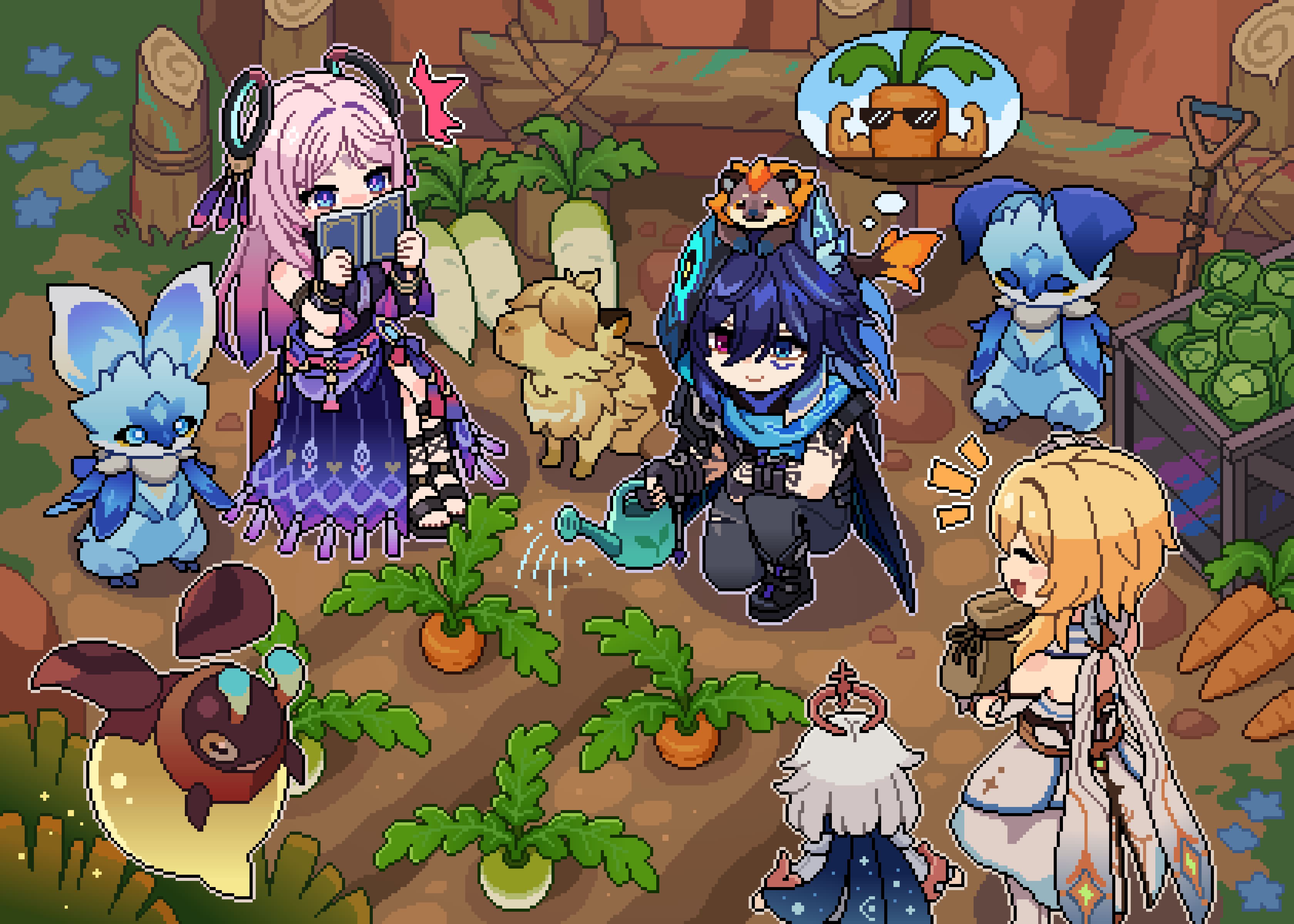 1boy, 3girls, :d, ^^^, absurdres, bare_shoulders, black_pants, blonde_hair