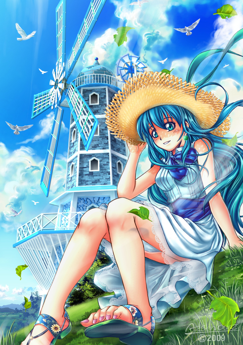 arseniquez, bird, blue_eyes, blue_hair, bow, cloud, clouds, dress, earrings, feet, grass, hat, highres, jewelry, leaf, long_hair, nail_polish, original, ribbon, sandals, sitting, sky, solo, straw_hat, toes, windmill