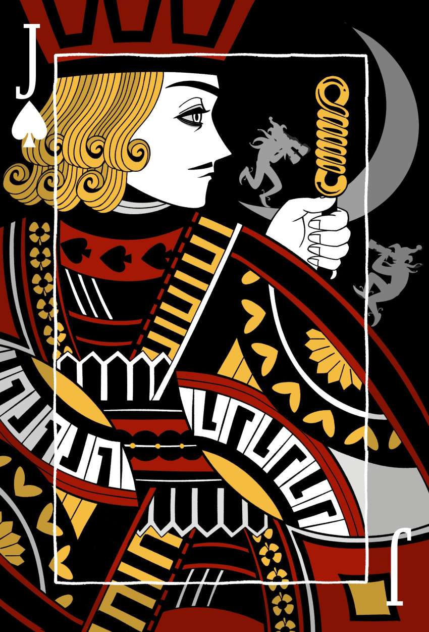 1boy, beard, black_background, black_veil, card, colored_skin, crown, expressionless, facial_hair, flat_color, highres, holding, holding_sword, holding_weapon, jadoochicken, king, king_(playing_card), king_of_spades, long_hair, multicolored_robe, mustache, original, playing_card, profile, robe, sword, upper_body, veil, weapon, white_hair, white_skin, yellow_robe