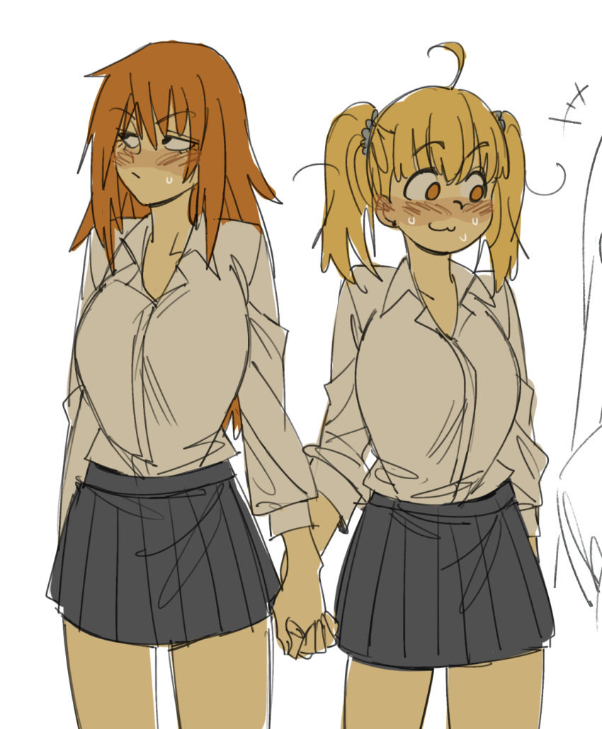 +++, 2girls, :/, :3, ahoge, averting_eyes, black_eyes, blonde_hair