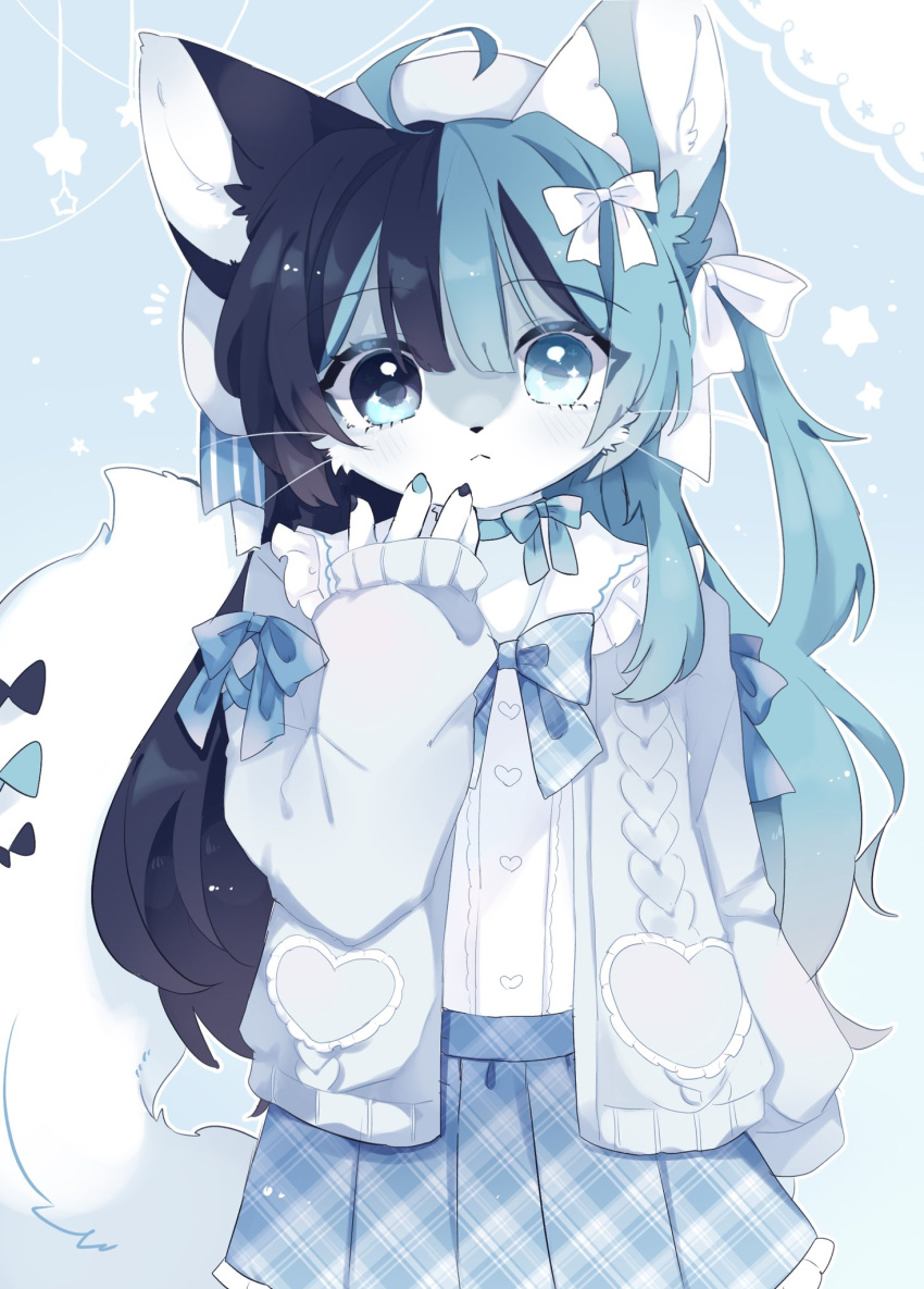 1girl, :<, ahoge, aqua_choker, aqua_hair, aqua_nails, arm_at_side, black_nails