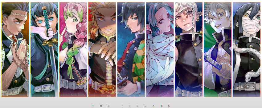 2girls, 6+boys, absurdres, animal_around_neck, aqua_background, aqua_hair, bandage_on_face, bandages, bead_necklace, beads, belt, belt_buckle, bishounen, black_eyes, black_hair, black_jacket, black_pants, blank_eyes, blonde_hair, blue_background, blue_eyes, braid, breasts, buckle, buttons, chain, closed_mouth, colored_tips, covered_mouth, demon_slayer_uniform, earrings, facial_mark, finger_to_mouth, flaming_weapon, forehead_protector, forked_eyebrows, from_side, green_background, green_eyes, green_hair, haori, heterochromia, highres, himejima_gyoumei, holding, holding_sword, holding_weapon, iguro_obanai, jacket, japanese_clothes, jewelry, kaburamaru, kanroji_mitsuri, katana, kimetsu_no_yaiba, kochou_shinobu, kyuuba_melo, long_hair, looking_at_viewer, mole, mole_under_eye, multicolored_hair, multiple_boys, multiple_girls, necklace, open_mouth, orange_background, orange_eyes, orange_hair, pants, parted_lips, pink_background, pink_hair, prayer_beads, praying, purple_background, red_background, red_haori, rengoku_kyoujurou, scar, scar_on_cheek, scar_on_chest, scar_on_face, scar_on_forehead, scar_on_nose, sheath, sheathed, shinazugawa_sanemi, sideboob, simple_background, snake, snake_wrapped_around_neck, solo, sword, sword_on_back, tokitou_muichirou, tomioka_giyuu, twin_braids, uzui_tengen, veins, veiny_arms, violet_eyes, weapon, weapon_on_back, white_belt, white_hair, white_haori, white_snake, yellow_eyes, yellow_haori