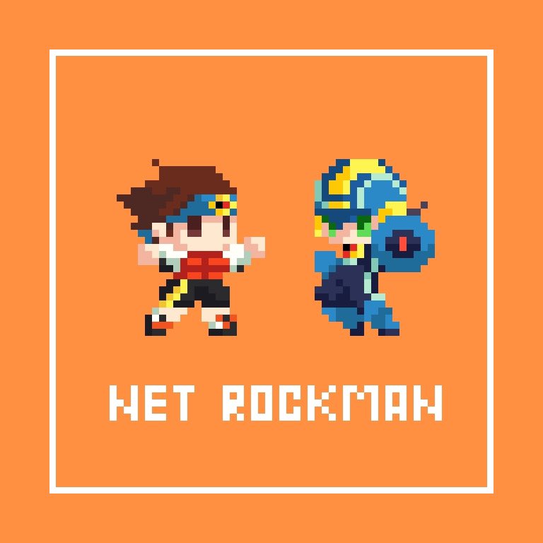 2boys, aiming, aiming_at_viewer, arm_cannon, black_shorts, blue_bodysuit, blue_helmet, bodysuit, brothers, brown_hair, character_name, chibi, ctldele, full_body, helmet, lan_hikari_(mega_man), male_focus, mega_man_(series), mega_man_battle_network_(series), megaman.exe, multiple_boys, orange_background, orange_vest, pixel_art, shirt, shorts, siblings, simple_background, twins, vest, weapon, white_shirt