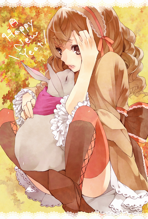 akizuki_hakuto, bad_id, brown_eyes, brown_hair, bunny, cross-laced_footwear, new_year, original, pink_legwear, pink_thighhighs, rabbit, solo, thigh-highs, thighhighs, yukie_(peach_candy)