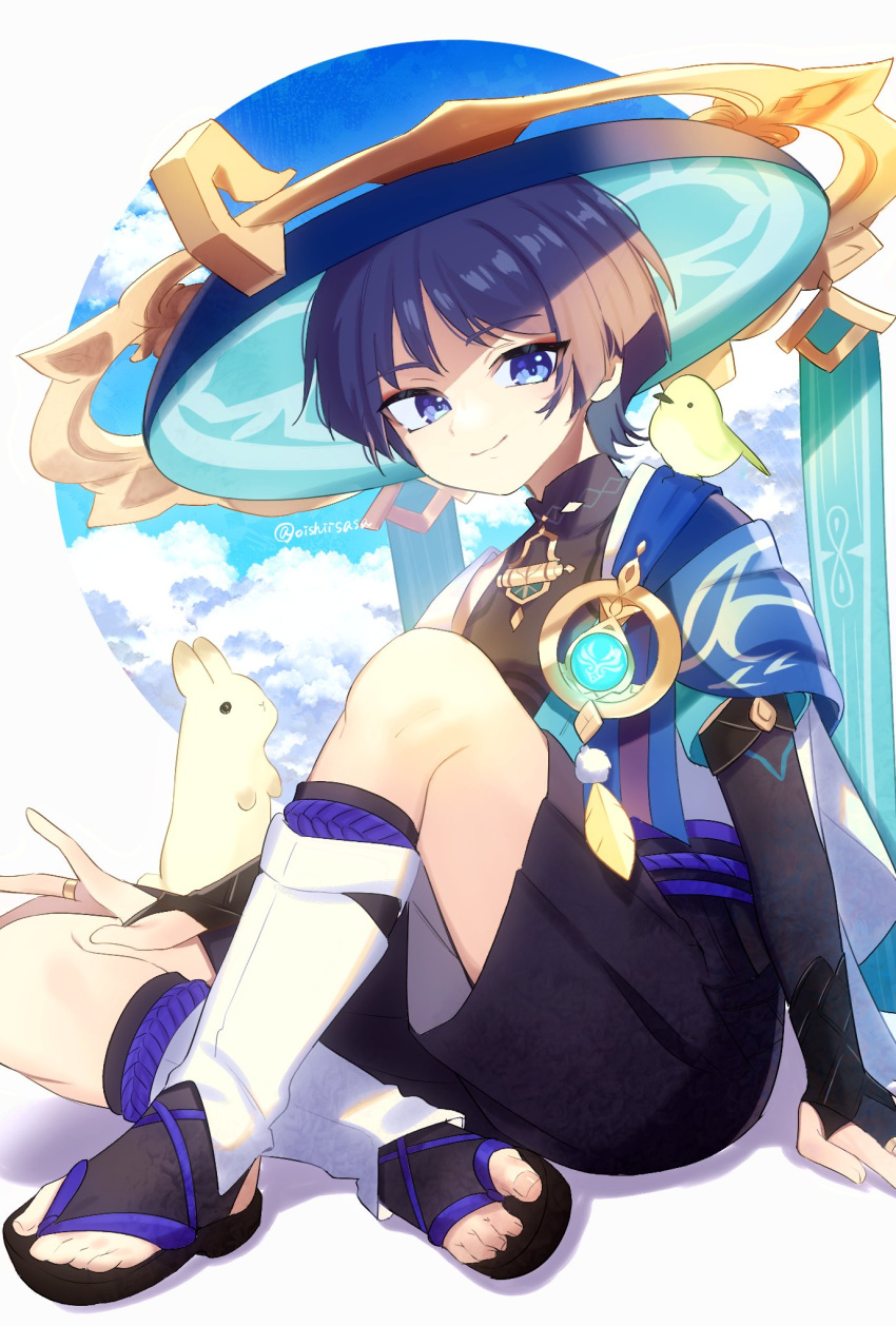 1boy, anemo_symbol_(genshin_impact), animal_on_shoulder, arm_at_side, armor, bird, bird_on_shoulder, black_bodysuit