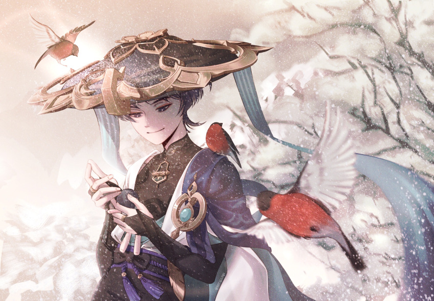 1boy, animal_on_shoulder, armor, artist_name, astyllian, belt, bird, bird_on_shoulder