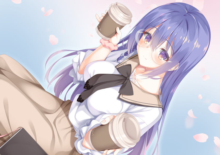 1girl, 8kumagawa_(log), absurdres, black_bow, black_bowtie, blue_background, blue_hair, blush