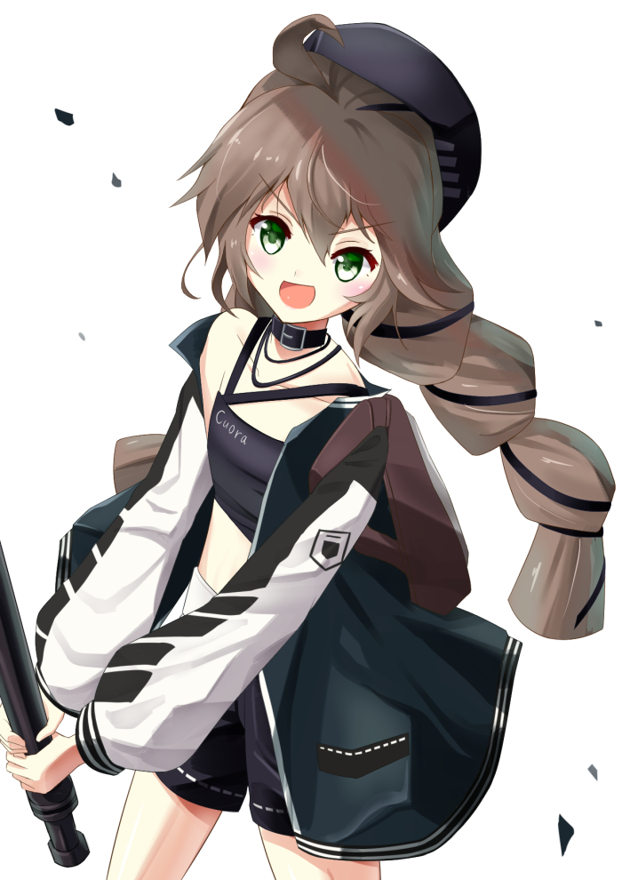 1girl, ahoge, arknights, baseball_bat, braid, brown_hair, cuora_(arknights), green_eyes