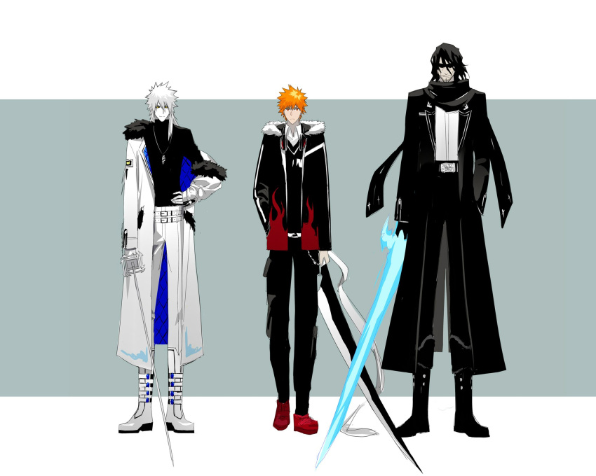 3boys, adapted_costume, alternate_costume, bankai, belt, black_footwear, black_hair, black_pants