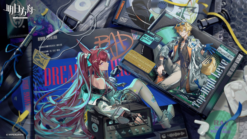 1boy, 1girl, album_cover, animal_ears, arknights, black_shirt, blonde_hair, blue_jacket