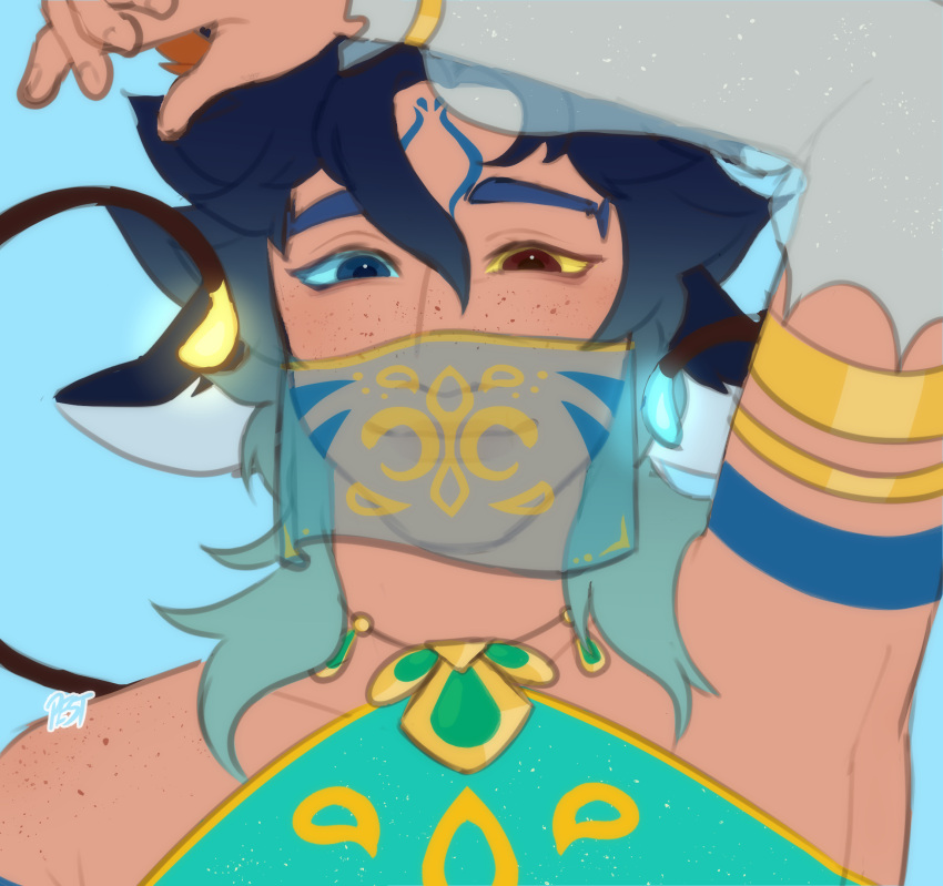 accessories, animal_ear_fluff, animal_ears, blue_eyes, closed_mouth, commission, freckles, golden, gypsy, highres, long_hair, looking_at_viewer, simple_background, sketch, solo, solo_male, upper_body, yellow_eyes