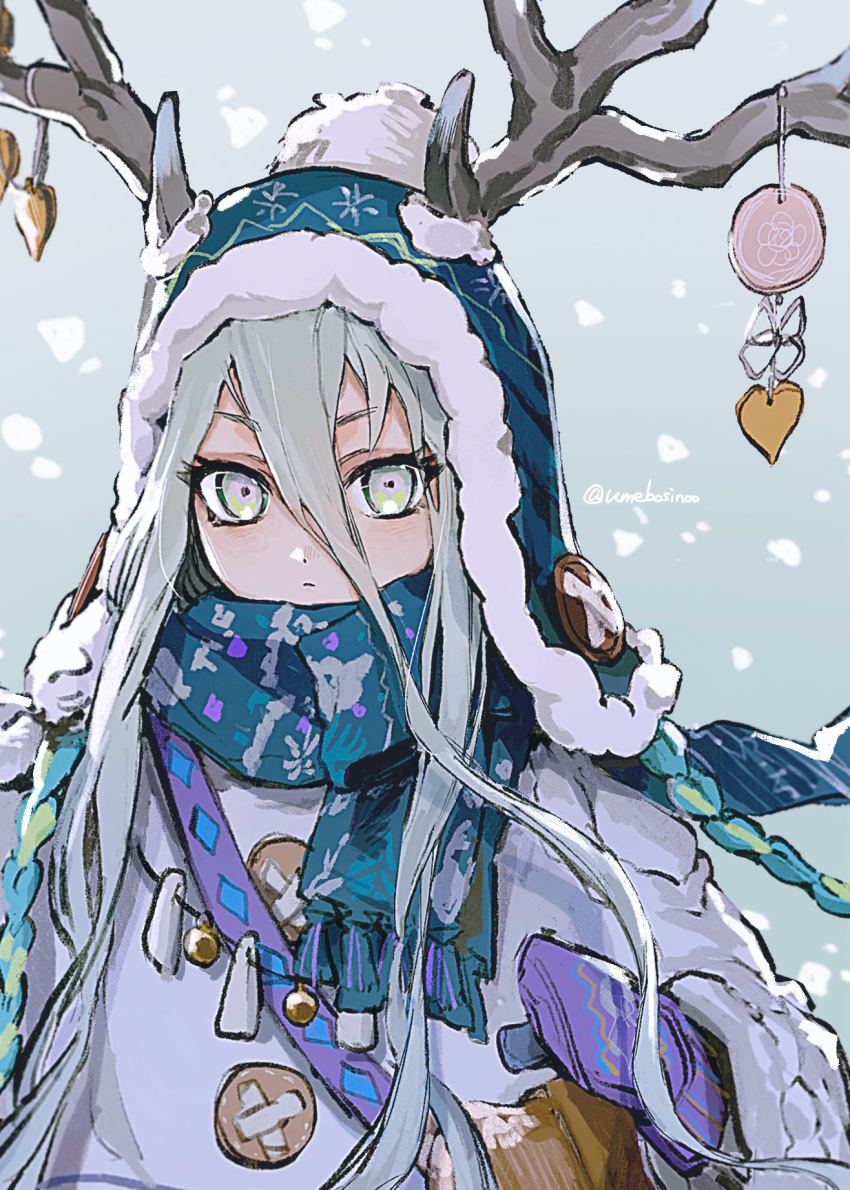 1girl, antlers, beanie, bell, blue_hat, blue_scarf, breasts, commentary_request