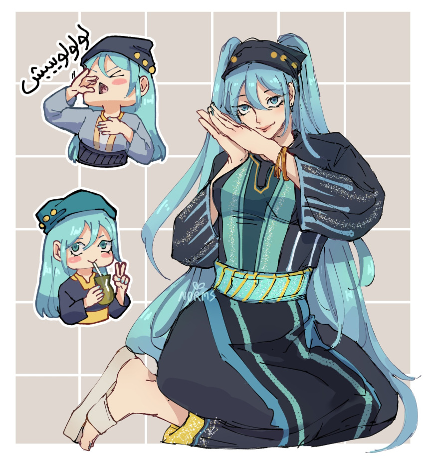 1girl, alternate_hairstyle, aqua_eyes, aqua_hair, bracelet, drinking, english_commentary, full_body, gold_bracelet, hatsune_miku, highres, jewelry, long_hair, looking_at_viewer, multicolored_clothes, multicolored_shirt, multicolored_skirt, multiple_views, normsworm, sandals, sash, seiza, sitting, skirt, smile, syria, syrian_clothes, twintails, v, very_long_hair, vocaloid, worldwide_miku