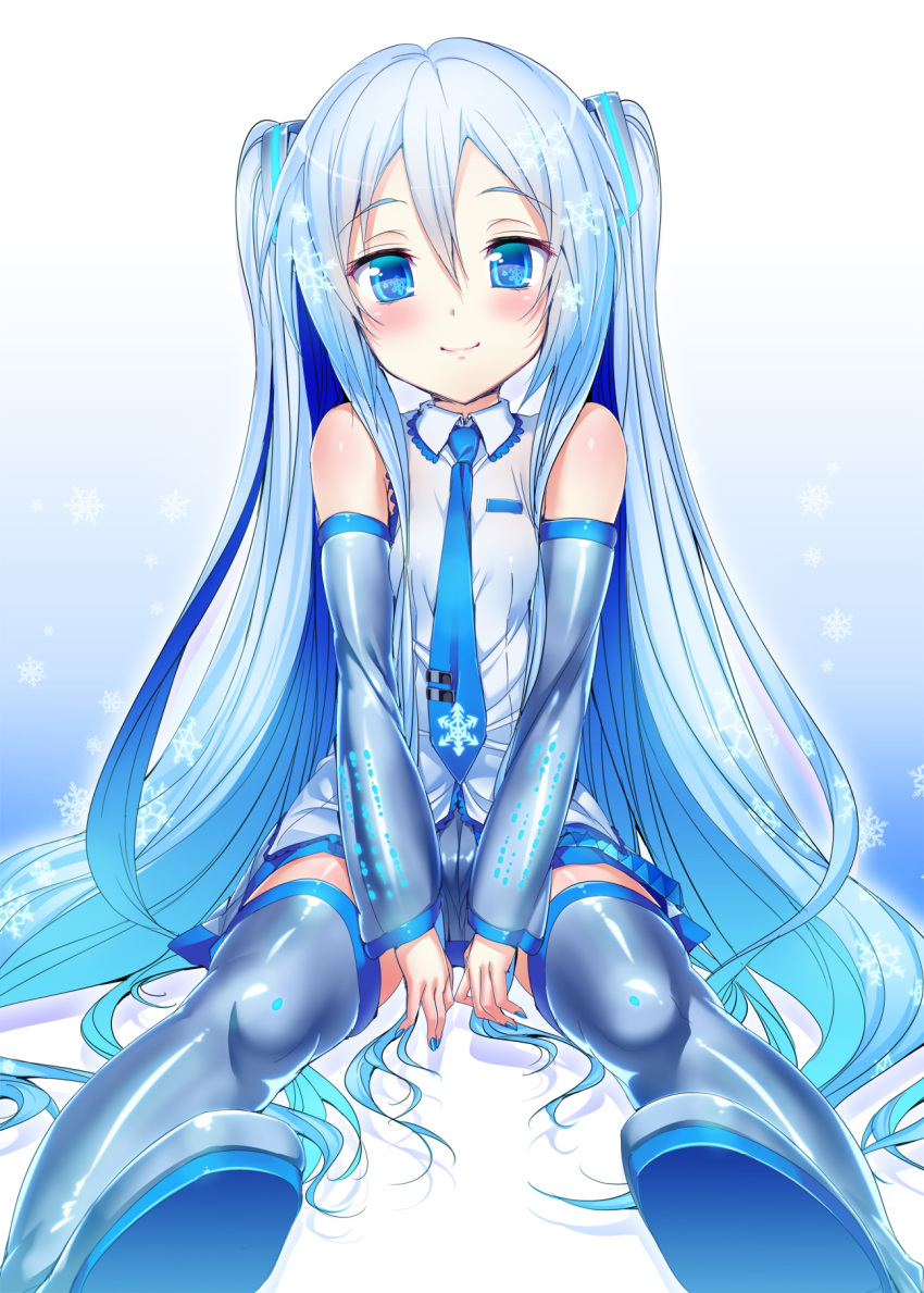 blue_eyes, blue_hair, blush, boots, detached_sleeves, foreshortening, hatsune_miku, highres