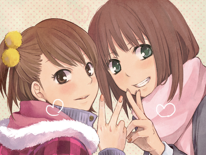 amami_haruka, blush, brown_eyes, brown_hair, coat, face, fingernails, futami_ami, green_eyes, grin, hair_bobbles, hair_down, hair_ornament, heart, idolmaster, jacket, mu_(artist), multiple_girls, nail_polish, nogoodlife, scarf, short_hair, side_ponytail, smile, teeth, v