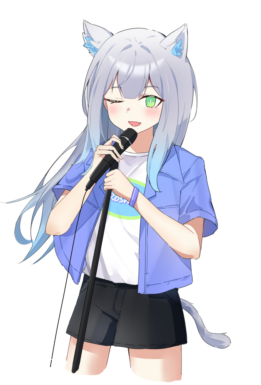 1girl, ;d, animal_ear_fluff, animal_ears, arknights, black_shorts, blue_hair, bright_pupils