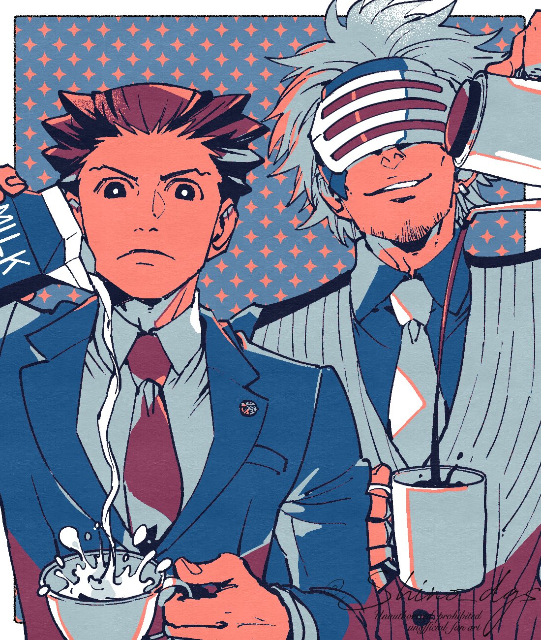 2boys, ace_attorney, brown_hair, coffee_mug, cup, diego_armando, eye_mask, facial_hair