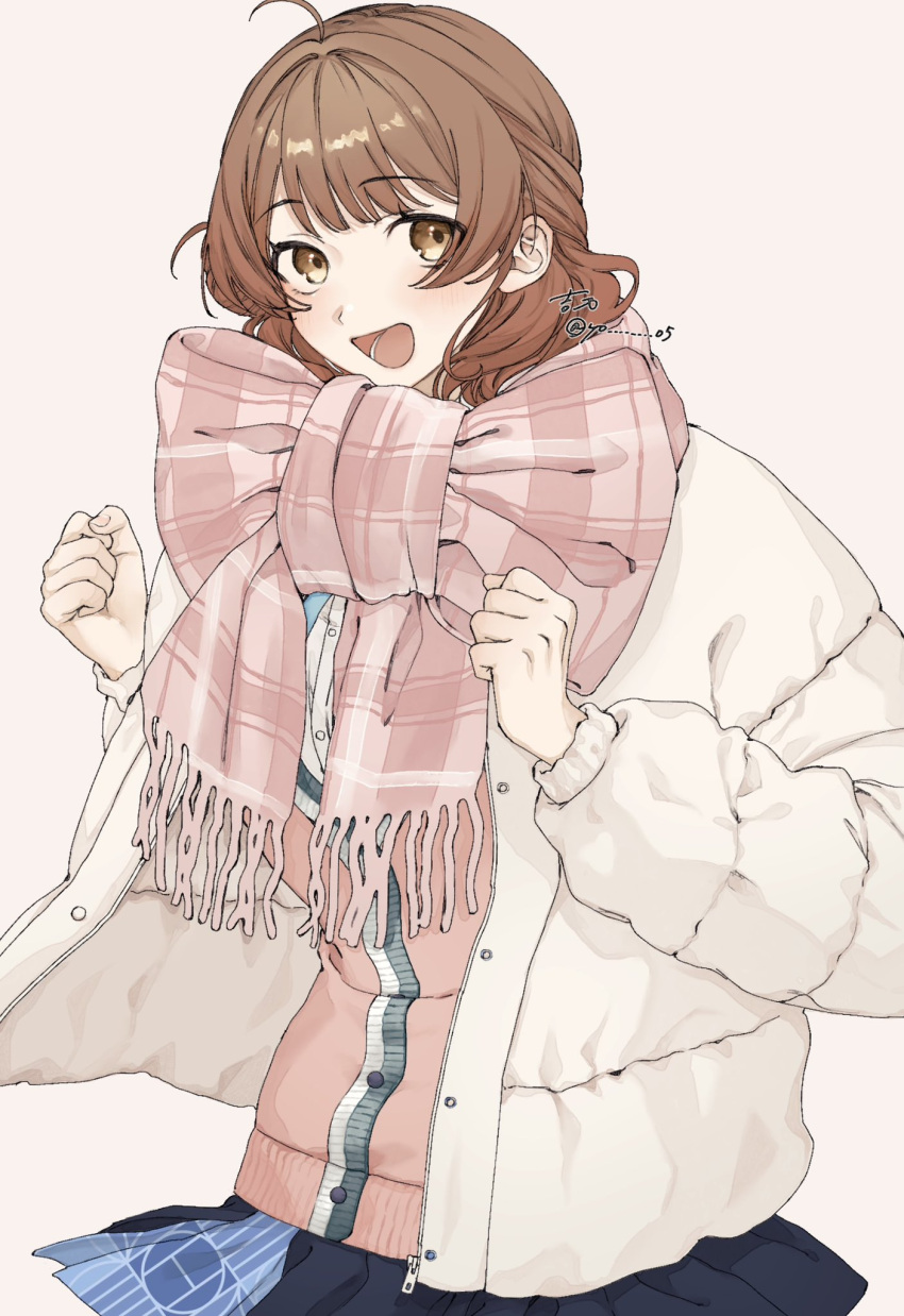 1girl, ahoge, blue_overskirt, blue_skirt, blush, brown_hair, cardigan, clenched_hands