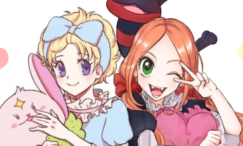 2girls, blanca_(sugar_sugar_rune), blonde_hair, chocolat_meilleure, close-up, commentary_request, duke_(sugar_sugar_rune), fangs