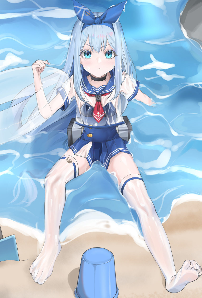 1girl, absurdres, anchor_(nikke), barefoot, bikini, blue_eyes, blue_hair, blue_sailor_collar, breasts, eomung, goddess_of_victory:_nikke, hair_ribbon, highres, large_breasts, long_hair, looking_at_viewer, outdoors, ribbon, sailor_collar, see-through_clothes, shirt, skirt, swimsuit