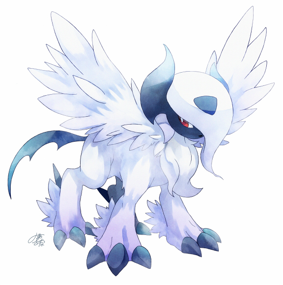 absol, animal_focus, bright_pupils, claws, commentary_request, feathered_wings, inari_ina_(ayn0304), looking_back, mega_absol, mega_pokemon, no_humans, pokemon, pokemon_(creature), red_eyes, solo, standing, white_hair, white_pupils, wings
