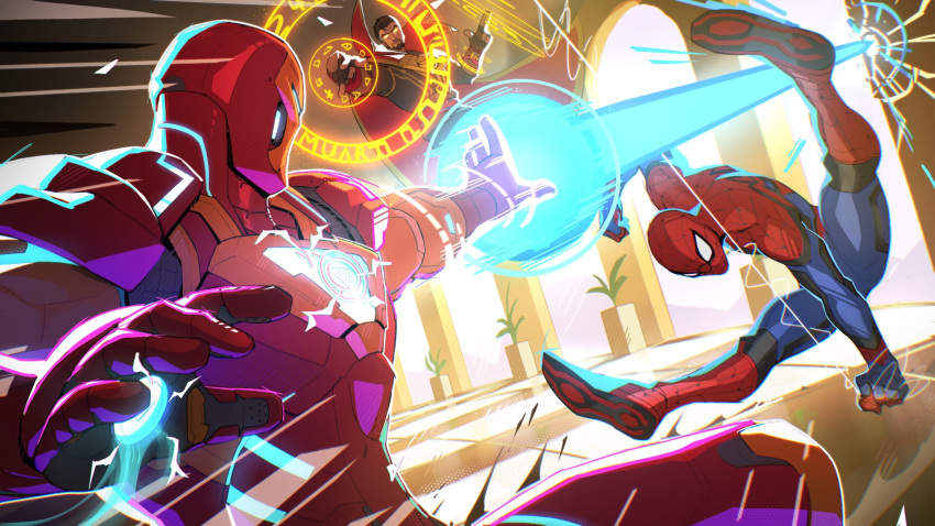 3boys, arch, armor, avengers_(series), blue_cloak, cape, cloak, doctor_strange, energy_beam, facial_hair, fighting, finger_gun, firing, glowing, glowing_eyes, highres, iron_man, marvel, marvel_rivals, muart242, multiple_boys, plant, potted_plant, power_armor, red_cape, runes, short_hair, silk, spider-man, spider-man_(series), spider_web, spider_web_print, superhero_costume, swing