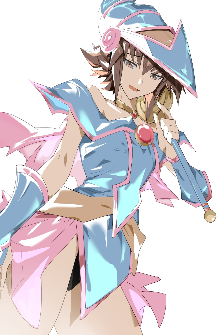1boy, absurdres, blue_hat, brown_eyes, brown_hair, cosplay, crossdressing, dark_magician_girl