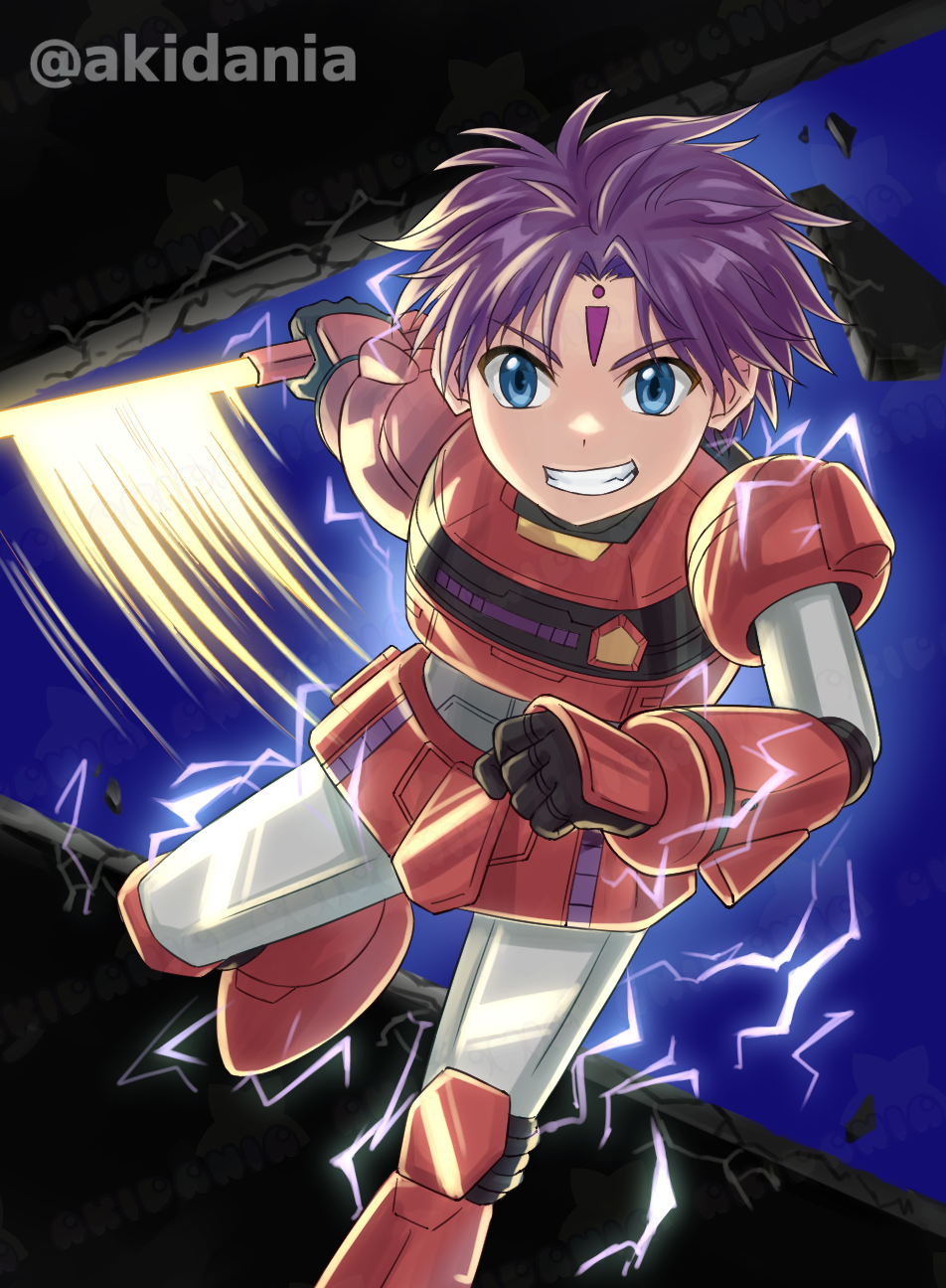 1boy, armor, blue_eyes, energy_sword, facial_mark, forehead_mark, full_body, galaxy_angel