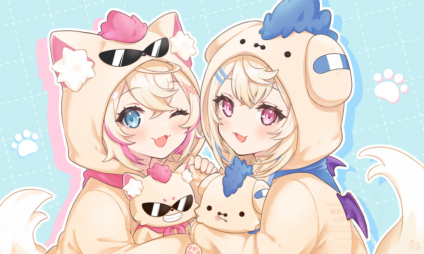 2girls, alternate_costume, animal_ear_fluff, animal_ears, animal_hood, ashikawa_shiho, bandaid, bandaid_hair_ornament