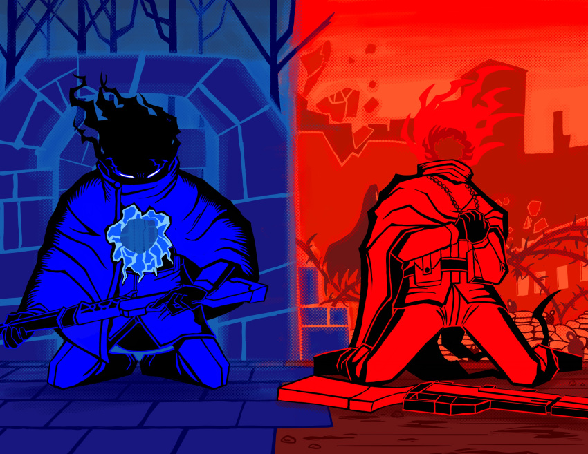 2boys, absurdres, barbed_wire, bead_necklace, beads, belt, blue_theme, cape