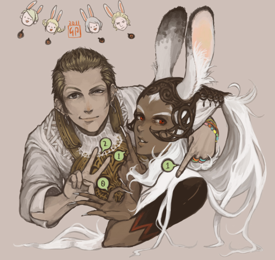 1girl, 3boys, 3girls, animal_ears, ashelia_b'nargin_dalmasca, ashelia_b'nargin_dalmasca, balflear, basch_fon_ronsenburg, blonde_hair, bracelet, brown_eyes, brown_hair, bunny_ears, dark_skin, female, final_fantasy, final_fantasy_xii, fran, jewelry, long_hair, male, multiple_boys, multiple_girls, new_year, penelo, pr, red_eyes, ring, v, vaan, viera, white_hair