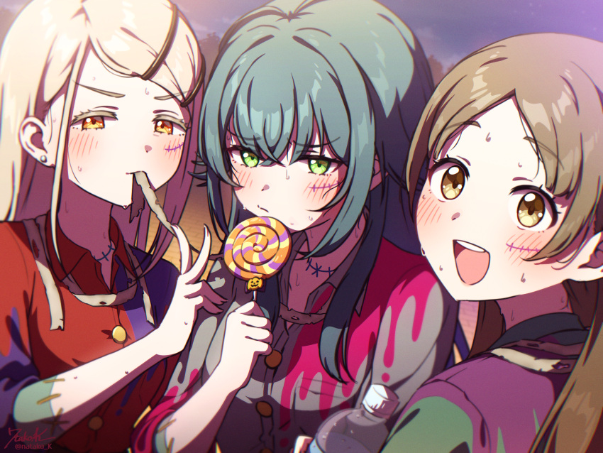 3girls, blonde_hair, blush, bottle, brown_hair, candy, earrings, fake_scar