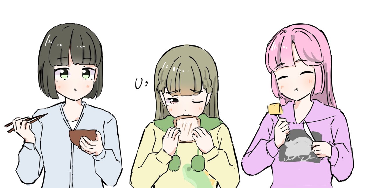 3girls, :t, ^_^, anyoji_hime, anyoji_hime_(winter_loungewear), black_hair, blue_cardigan, blunt_bangs, blunt_ends, blush, bob_cut, bowl, braid, bread, bread_slice, cardigan, chopsticks, closed_eyes, closed_mouth, eating, food, fork, green_eyes, green_hood, hair_down, holding, holding_bowl, holding_chopsticks, holding_food, holding_fork, holding_knife, hood, hood_down, hoodie, kachimachi_kosuzu, kachimachi_kosuzu_(summer_loungewear), knife, link!_like!_love_live!, long_hair, long_sleeves, loungewear, love_live!, momose_ginko, momose_ginko_(summer_loungewear), multiple_girls, official_alternate_hairstyle, one_eye_closed, pink_hair, purple_hoodie, short_hair, side_braids, simple_background, swept_bangs, tazaki_masanobu, upper_body, virtual_youtuber, white_background, yellow_hoodie