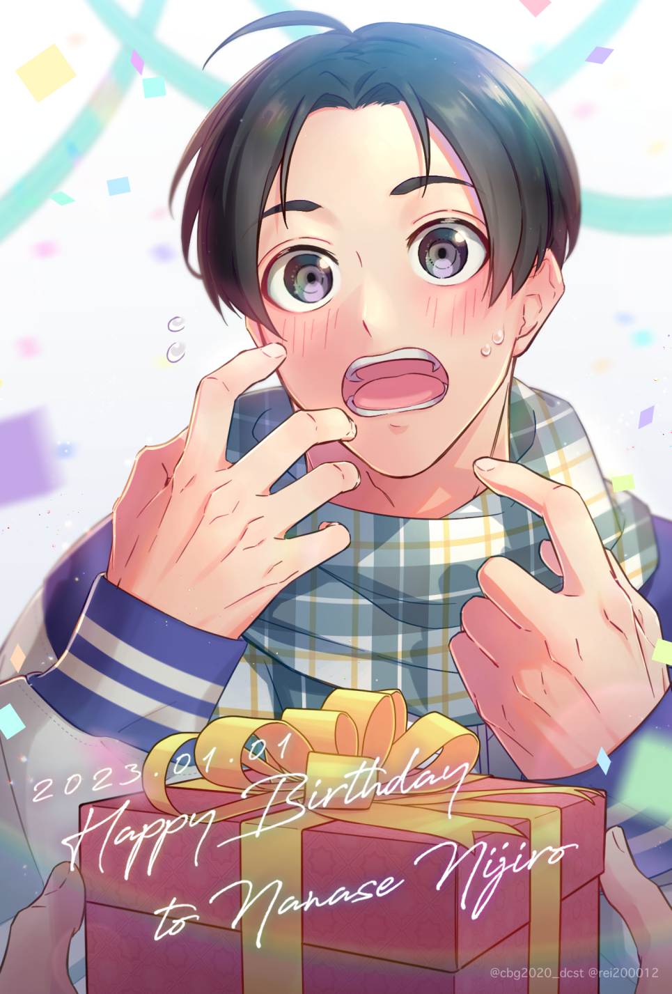 1boy, 2023, ahoge, black_eyes, black_hair, blue_lock, blush, box, cbg2020_mrkc, checkered_clothes, checkered_scarf, confetti, gift, gift_box, hands_up, happy_birthday, highres, jacket, long_hair, male_focus, medium_hair, nanase_nijirou, open_mouth, scarf, solo, surprised, sweat, tongue, white_background, white_jacket