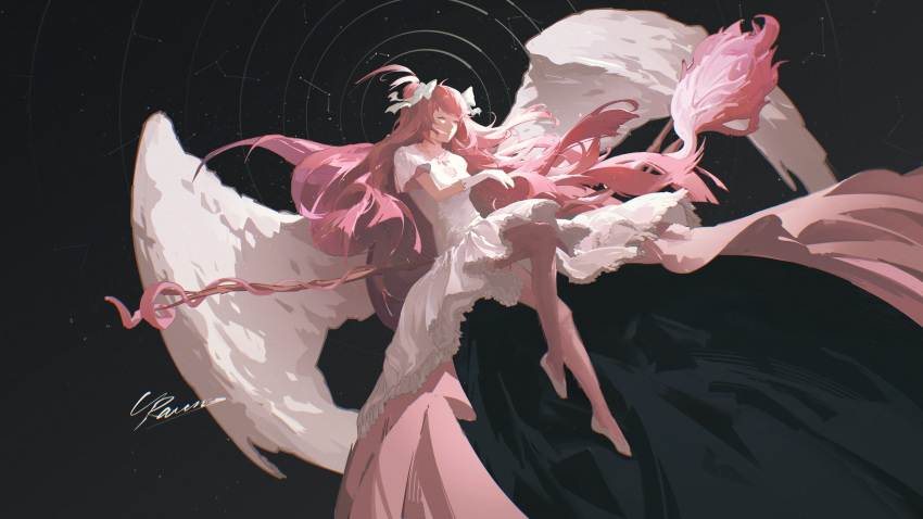1girl, absurdres, dress, gloves, highres, kaname_madoka, long_hair, mahou_shoujo_madoka_magica, mahou_shoujo_madoka_magica_(anime), original, raum_en, very_long_hair, white_dress