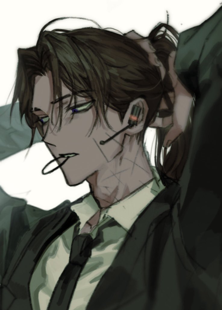 1boy, arms_up, black_jacket, black_necktie, brown_hair, chanil_(muexlku), collared_shirt, cosplay, earpiece, hair_tie_in_mouth, heathcliff_(project_moon), jacket, library_of_ruina, limbus_company, liwei_(project_moon), liwei_(project_moon)_(cosplay), long_sleeves, microphone, mouth_hold, necktie, ponytail, project_moon, shirt, simple_background, solo, tying, upper_body, violet_eyes, white_background, white_shirt