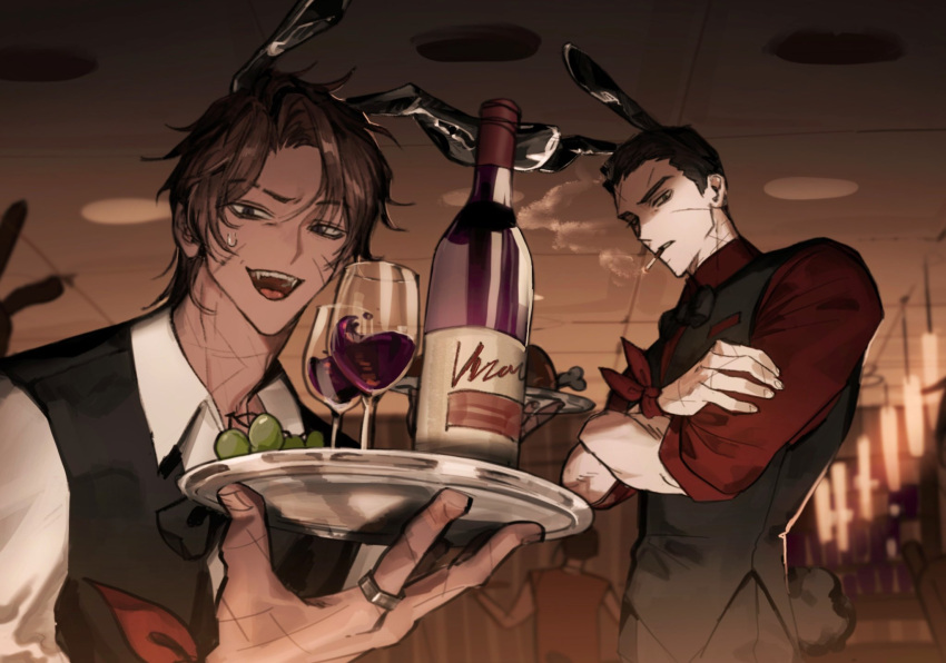 2boys, black_bow, black_bowtie, black_vest, bow, bowtie, brown_hair, butler
