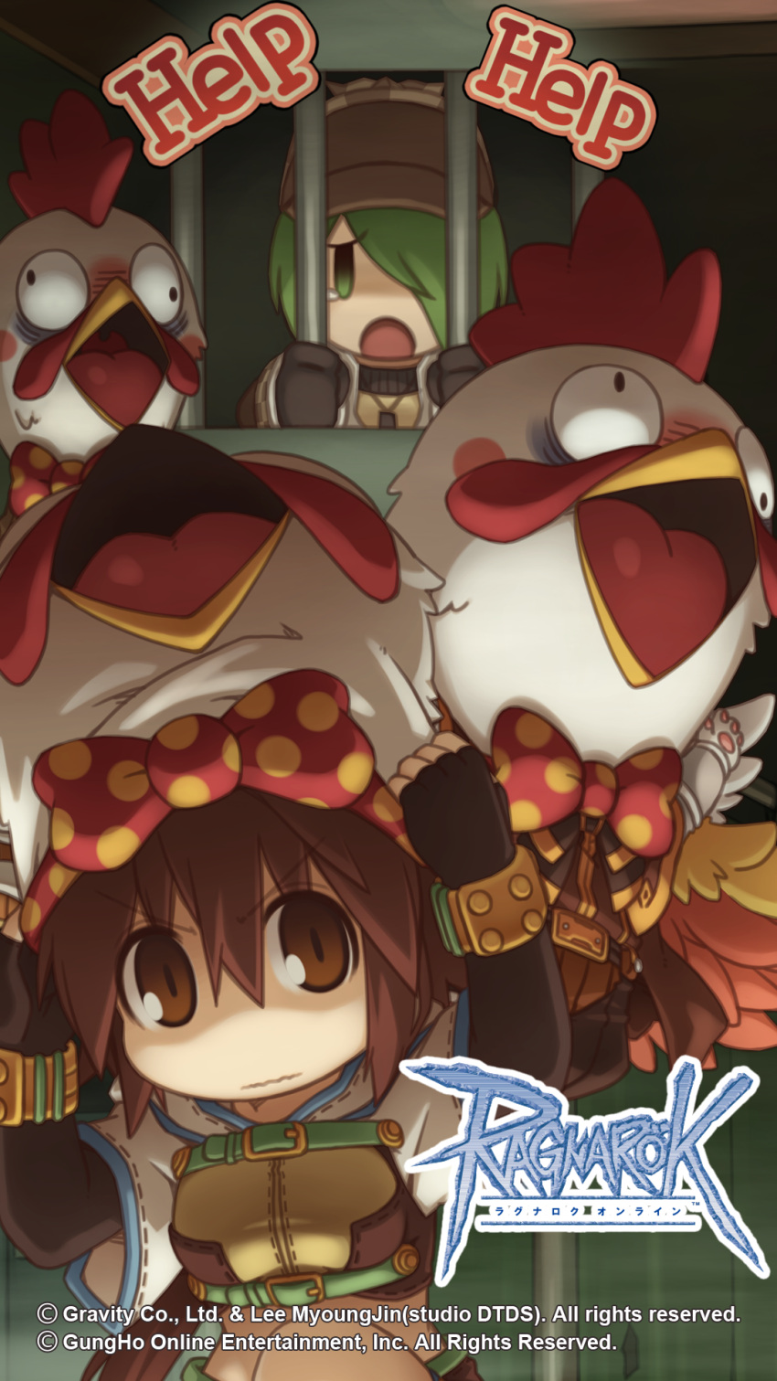 1girl, 3boys, archer_(ragnarok_online), atail_ream, bow, bowtie, breasts, brown_capelet, brown_eyes, brown_gloves, brown_hair, brown_hat, brown_pants, brown_shirt, cage, capelet, chicken_mask, closed_mouth, copyright_notice, crop_top, cropped_jacket, deerstalker, elbow_gloves, feet_out_of_frame, fingerless_gloves, gloves, green_eyes, green_hair, hair_between_eyes, hat, highres, hunter_(ragnarok_online), jacket, logo, long_bangs, medium_breasts, multiple_boys, official_art, official_wallpaper, open_mouth, pants, polka_dot_bowtie, ragnarok_online, red_bow, red_bowtie, shirt, short_hair, short_sleeves, summoner_(ragnarok_online), white_jacket, yuichirou