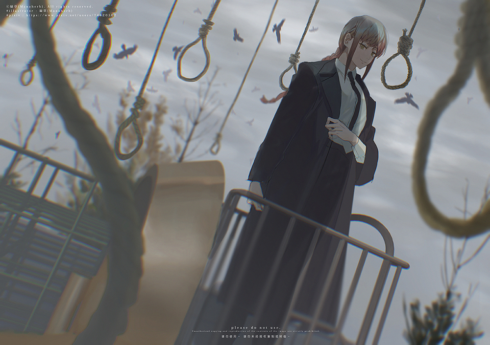 1girl, bird, black_coat, black_necktie, black_pants, braid, chainsaw_man, coat